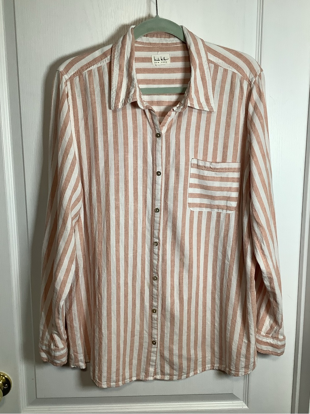 Nicole Miller Linen Blend Striped Long-Sleeve Button-Up Shirt